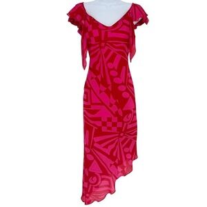 Morrell Maxie VTG 100% Silk Pink Red Psychedelic Asymmetrical Hem Dress 10